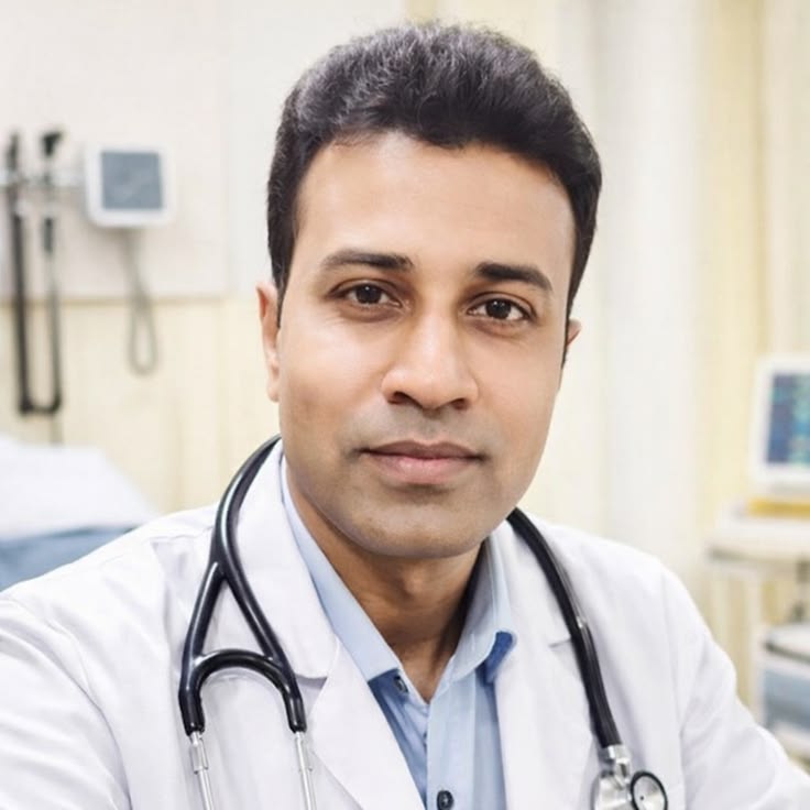 Dr. Rajesh Sharma wear white coat and stethoscope in neck