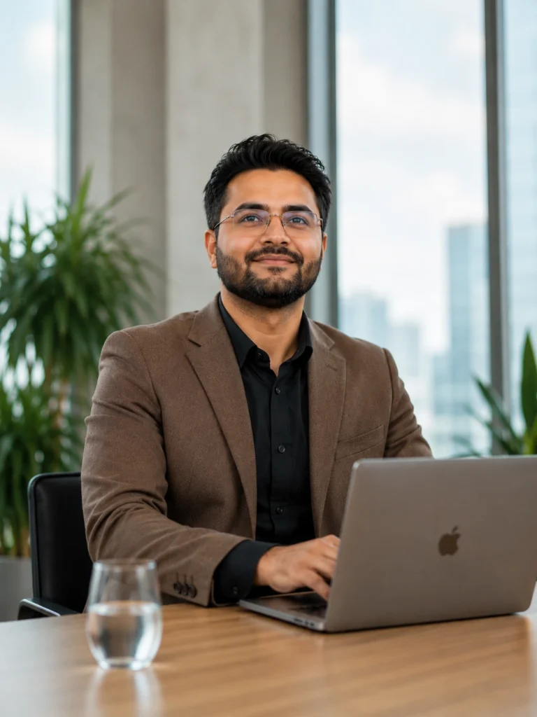 Man sitting and infront of laptop he had and background look professional